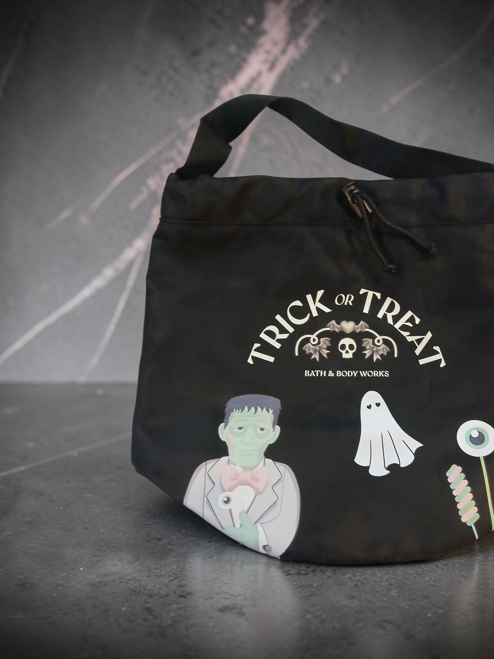 Bath & Body Works Black Halloween Trick or Treat Tote with Pastel Graphics